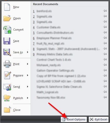excel options menu