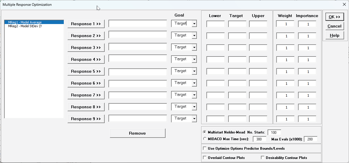 Multiple Response Optimization Dialog box in SigmaXL