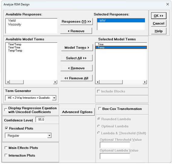 SigmaXL Recall SigmaXL Dialog for entering revised MW model terms
