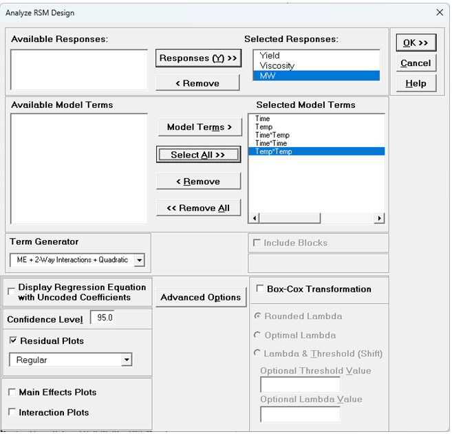 SigmaXL Analyze Response Surface Design dialog with responses and model terms selected