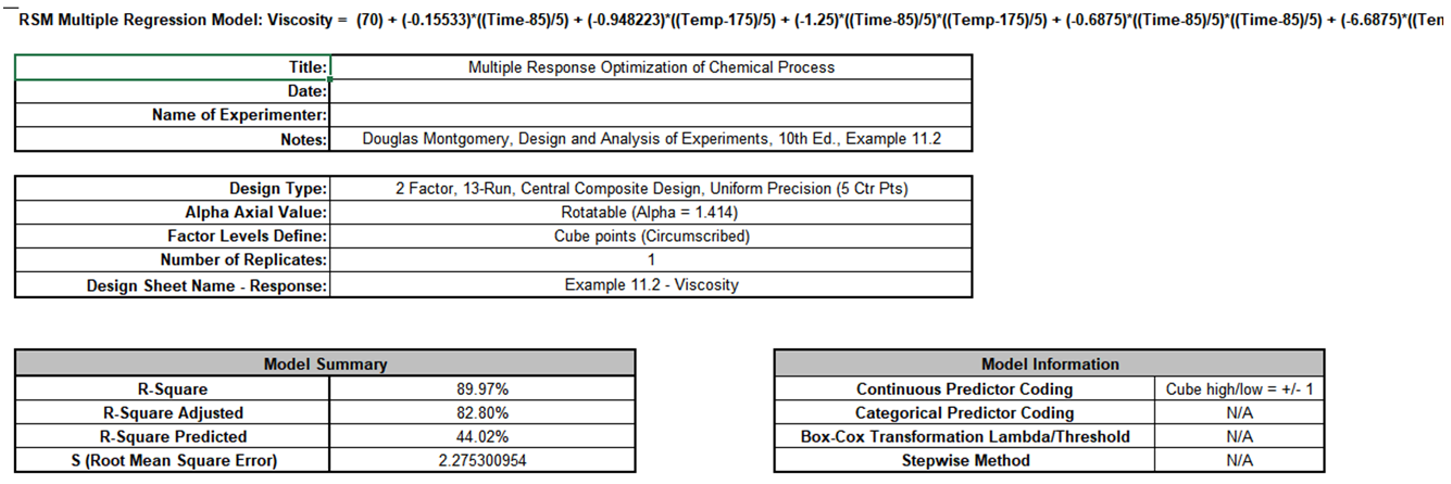 SigmaXL Model Viscosity regression output showing R-Square 89.97 percent