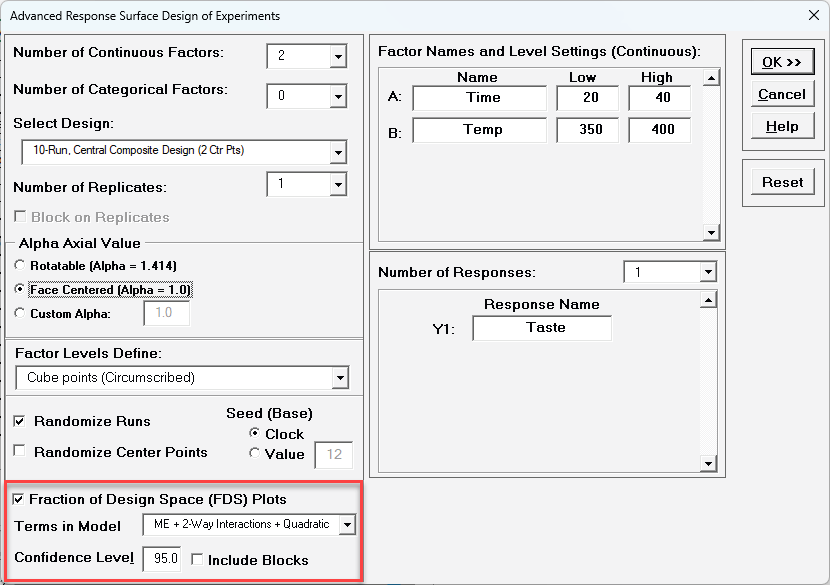 SigmaXL Response Surface Design setup for Cake Bake RSM Example 1