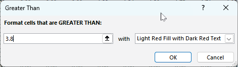 Applying conditional formatting for greater than 3.8