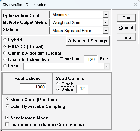 DiscoverSim multiple response optimization settings using MIDACO