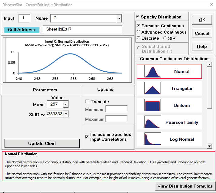 DiscoverSim normal input distribution settings for capacitor C