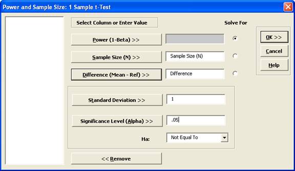 Power and Sample Size for 1 Sample t-Test