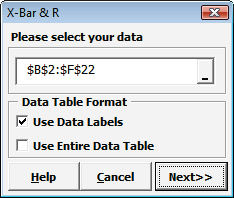 SigmaXL X-Bar and R control chart data selection dialog in Excel