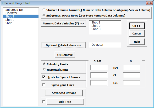 SigmaXL X-Bar and R chart dialog