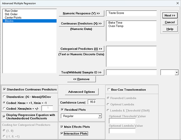 RSM Advanced Multiple Regression Settings