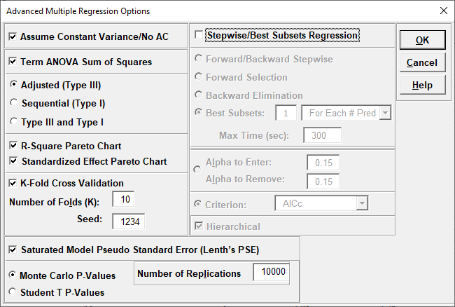 Multiple Regression Dialogue Test/Sample ID Advanced Options