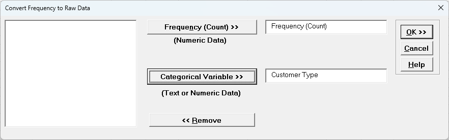 Frequency to Raw Data Dialog Options