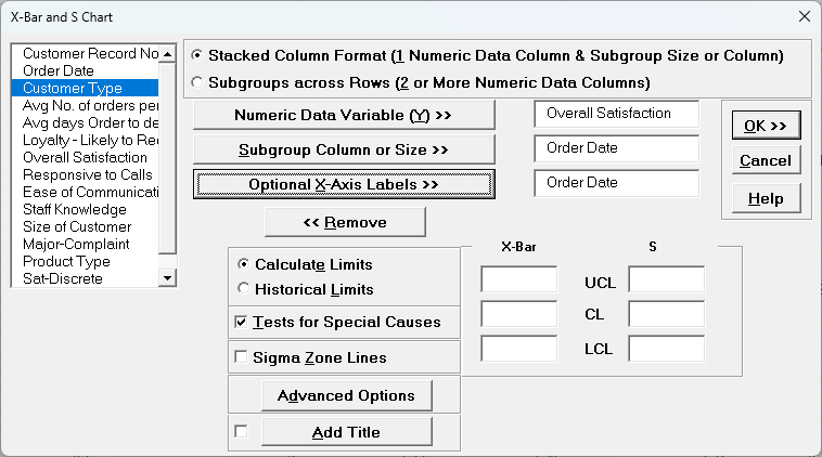 X-Bar & S - Stacked Column Format Dialog